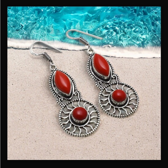 Coral Red Handcrafted Drop Dangle Hook Style Earrings Jewelry 2.16" L New W Tags - Picture 7 of 9